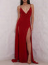 Red Spaghetti Straps Open Back Prom Dresses with Slit LBQ0118